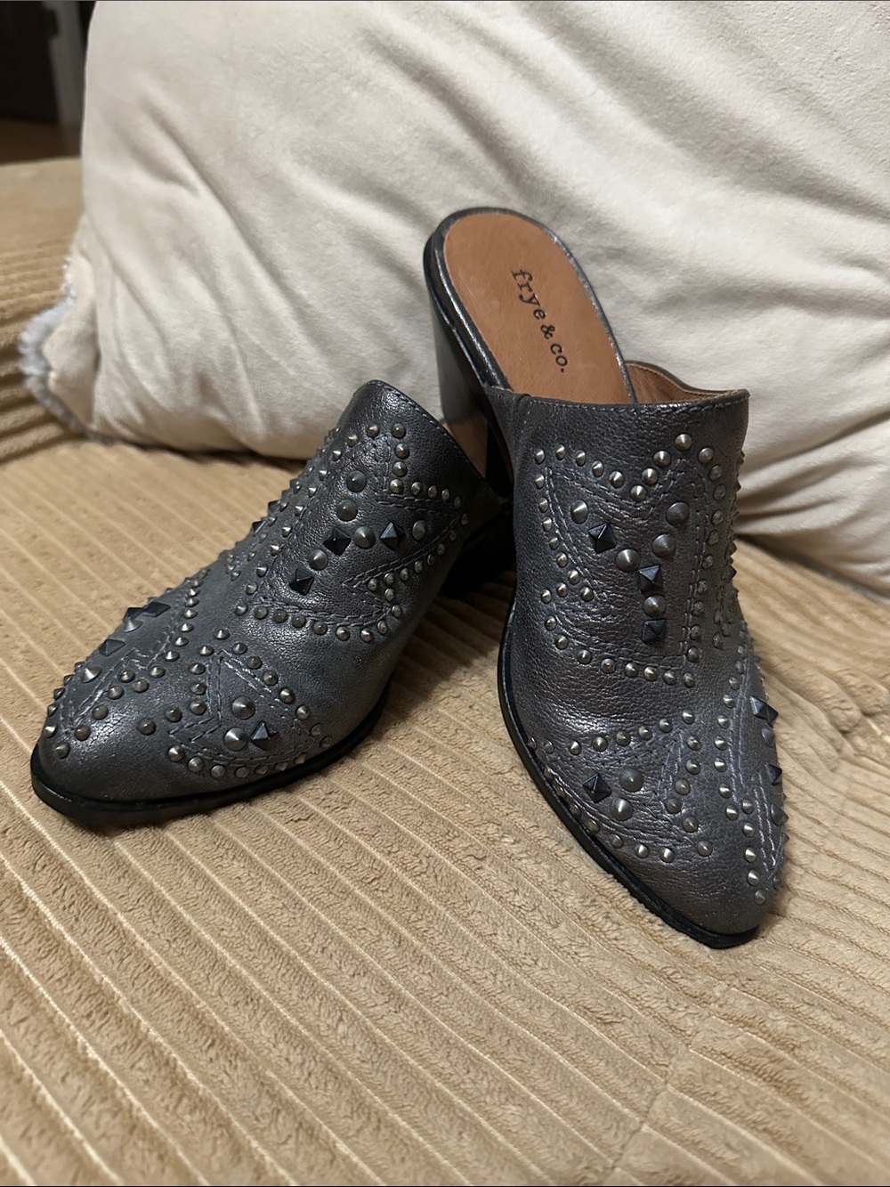Frye & Co Studded Leather Mule Pewter